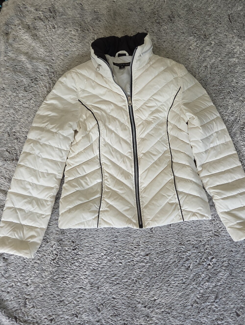 Preston & York Light Cream Colored Quilted Puffer Jacket with Black Trim